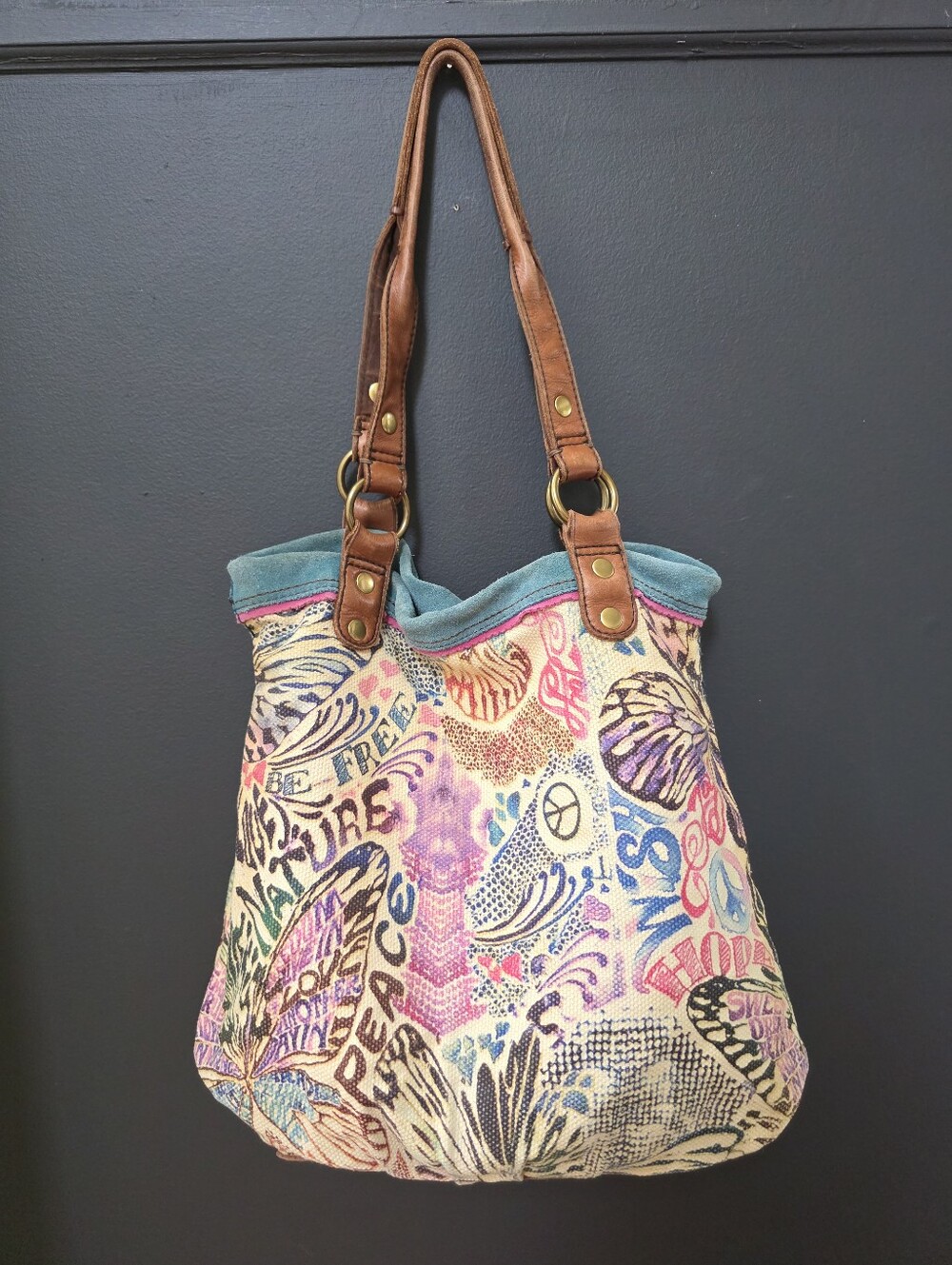 Vtg Lucky Brand boho hobo tote bag colorful butterfly, peace sign 17x16x4